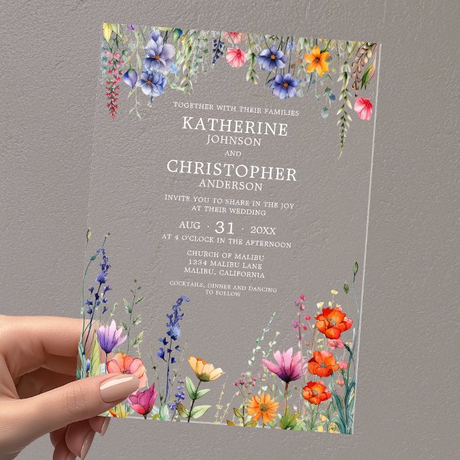 Colorful Wildflowers Elegant Wedding Clear Acrylic Invitations (Colorful Wildflowers Elegant Wedding Clear Acrylic Invitation with Couple First Last Names in White.)