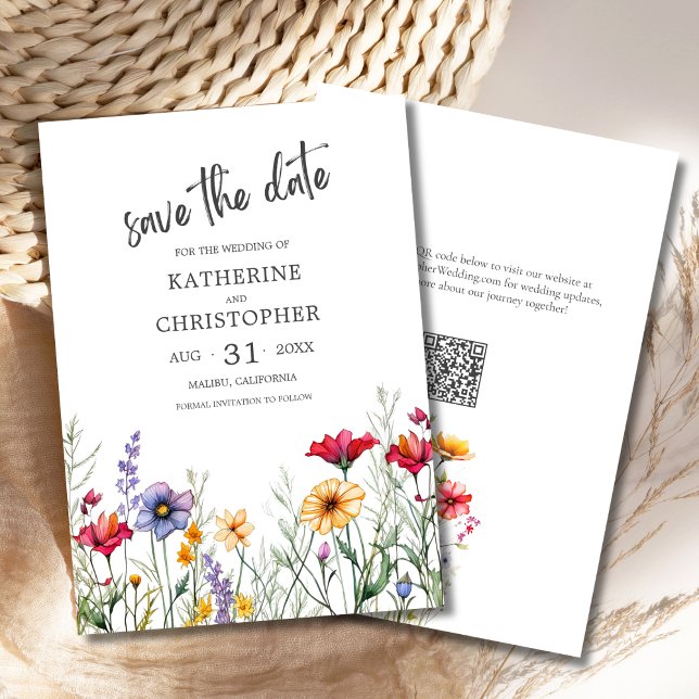 Colorful Wildflowers Elegant Wedding Save The Date (Colorful Wildflowers Elegant Watercolor Save the Date with QR Code, Pink Purple Yellow Flowers.)
