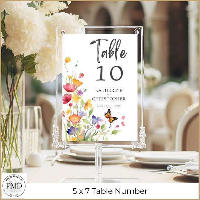 Colorful Wildflowers Elegant Wedding Table Number (Colorful Wildflowers Elegant Wedding Table Number 5x7 with Optional Guest Names on Back.)