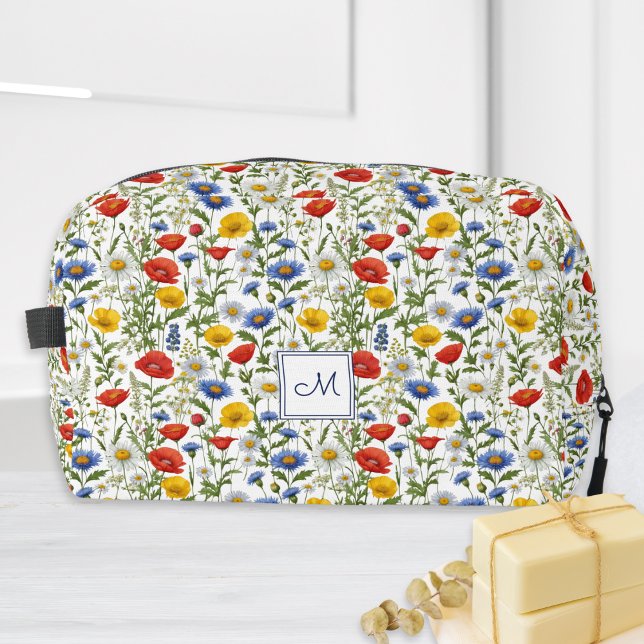 Colorful Wildflowers Floral Botanical Monogram Dopp Kit (A pretty monogrammed toiletry bag, adorned with a bright, colorful pattern of wildflowers)