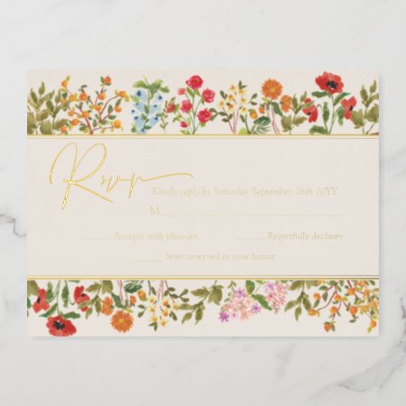 Colorful Wildflowers Floral Garden Rsvp Real Gold Foil Invitation Post