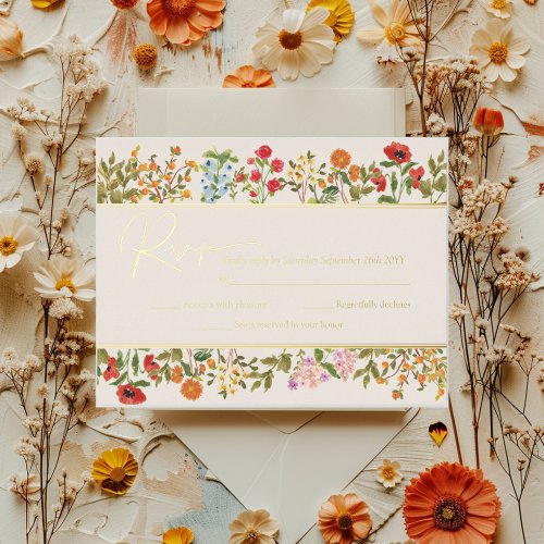 Colorful Wildflowers Floral Garden RSVP Real Gold Foil Invitation Postcard