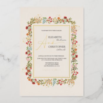 Colorful Wildflowers Floral Garden Wedding Gold Foil Invitation by rusticwedding at Zazzle