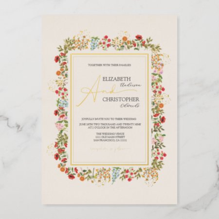 Colorful Wildflowers Floral Garden Wedding Gold Foil Invitation
