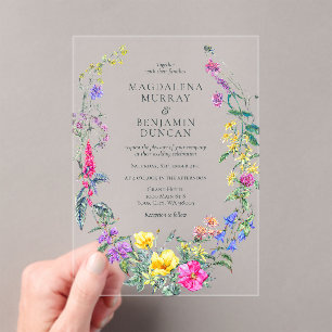 Colorful Wildflowers Floral Meadow Wreath Wedding Acrylic Invitations