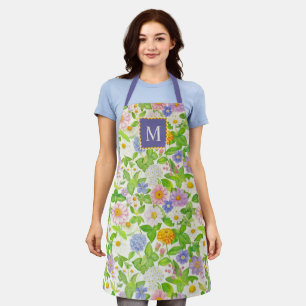 Colorful Wildflowers Floral Pattern Monogram Apron