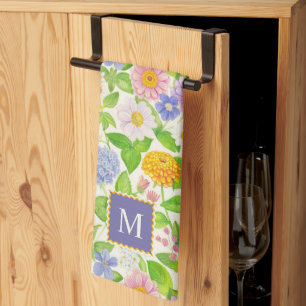 Colorful Wildflowers Floral Pattern Monogram Apron Kitchen Towel