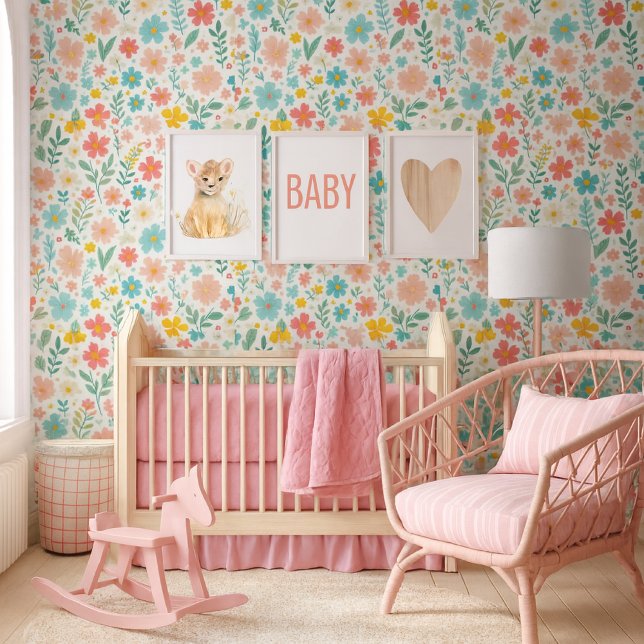 Colorful  Wildflowers  Floral Wallpaper Wallpaper (A charming baby nursery featuring a joyful & fresh color palette, with a focus a stunning wallpaper)