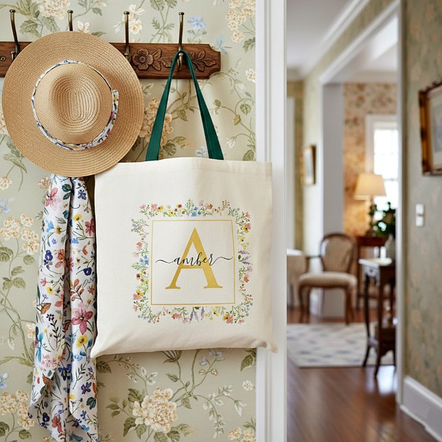 Colorful wildflowers frame personalized tote bag (Creator Uploaded)