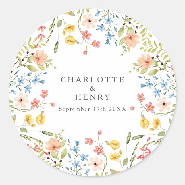 Colorful Wildflowers Garden Wedding  Classic Round Sticker (Front)