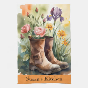 Colorful Wildflowers Gardener Floral Boots Kitchen Towel