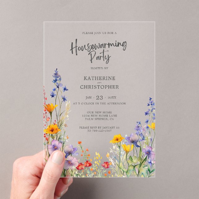Colorful Wildflowers Housewarming Party Clear Acrylic Invitations (Insitu (Handheld))