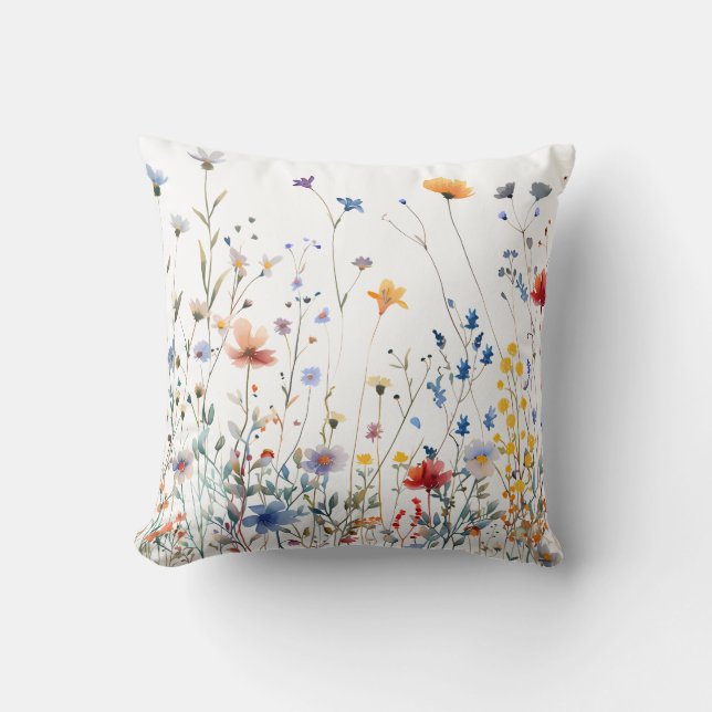 Colorful Wildflowers in Watercolor Art Throw Pillow (Front)