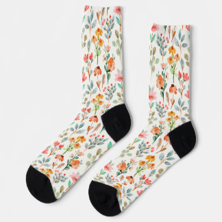Colorful wildflowers in watercolor on white socks