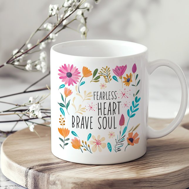 Colorful Wildflowers Inspiration Self-Care Coffee Mug (Colorful Wildflowers Inspiration Self-Care Coffee Mug on a boho kitchen table.)