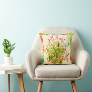 Colorful Wildflowers Meadow Text Throw Pillow