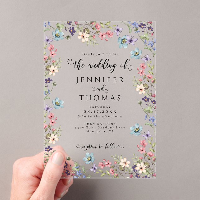 Colorful Wildflowers Modern Rustic Garden Wedding Acrylic Invitations (Insitu (Handheld))