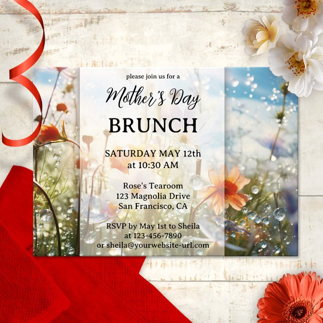 Colorful Wildflowers Mothers Day Brunch Invitation (Festive Mother's Day Brunch invitation featuring a field of wildfowers with playful water droplets)