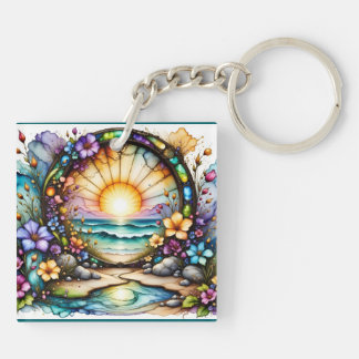 Colorful Wildflowers Ocean Portal Keychain