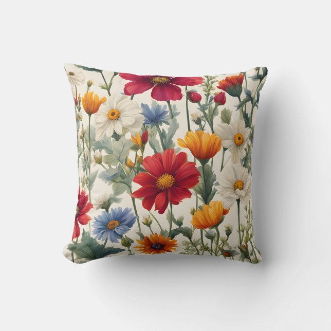 Colorful Wildflowers on a White Background Throw Pillow (Front)