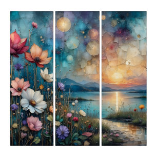 Colorful Wildflowers on Waters Edge Landscape Triptych