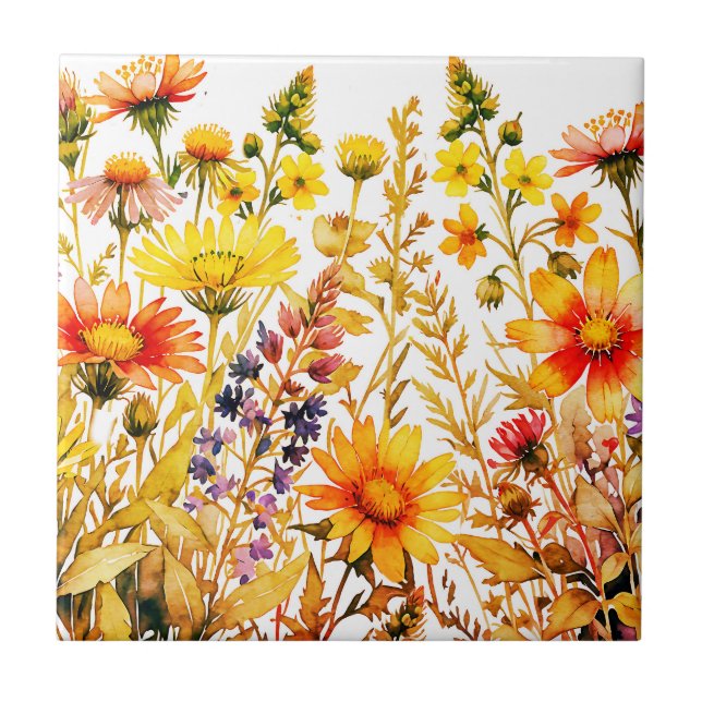 Colorful wildflowers painting ceramic tile (Front)