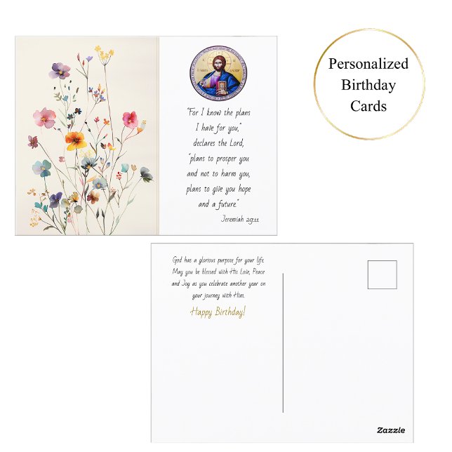 Colorful Wildflowers Pantocrator Orthodox Birthday Postcard (Creator Uploaded)