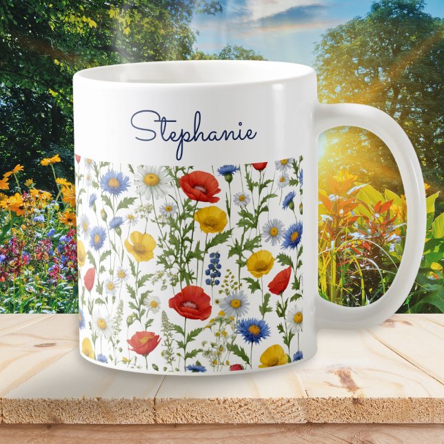Colorful Wildflowers Pretty Floral Personalized Coffee Mug (A pretty mug with colorful summer wildflowers pattern, personalized with a name in script typography)