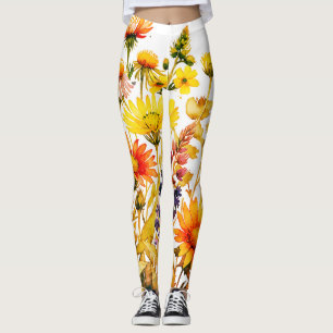 Colorful wildflowers pretty watercolor painting leggings
