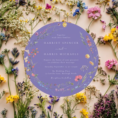 Colorful Wildflowers Purple Round Circle Wedding Invitation