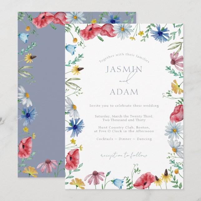 Colorful Wildflowers Red Blue Monogram Wedding Invitation (Front/Back)