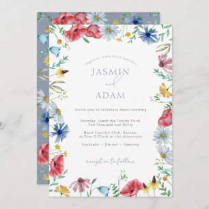 Colorful Wildflowers Red Blue Monogram Wedding Invitation
