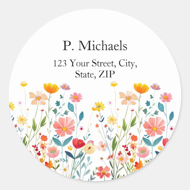 Colorful Wildflowers Round Address Label  (Front)