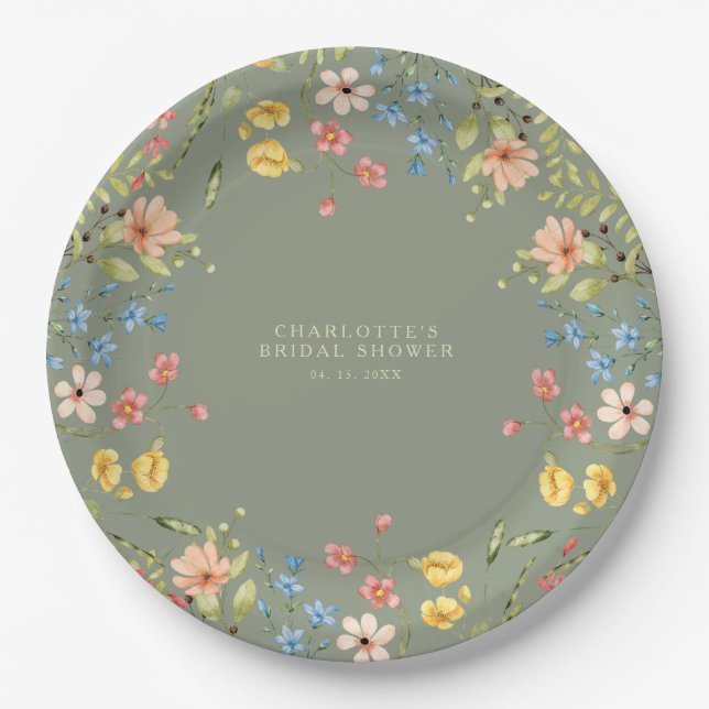 Colorful Wildflowers Sage Garden Bridal Shower Paper Plates (Front)