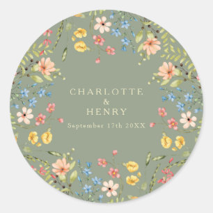 Colorful Wildflowers Sage Garden Wedding  Classic Round Sticker