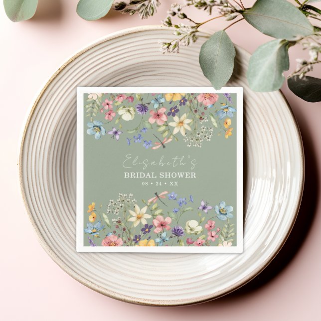 Colorful Wildflowers Sage Green Bridal Shower Napkins (Creator Uploaded)