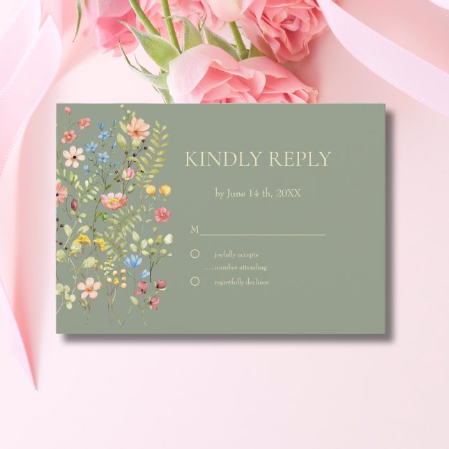 Colorful Wildflowers  Sage & Yellow Wedding  RSVP Card (Creator Uploaded)