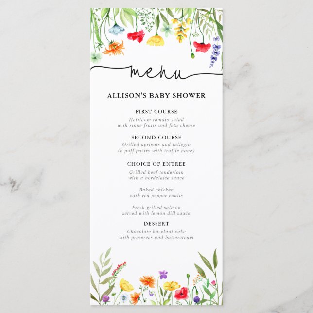 Colorful wildflowers spring baby shower menu (Front)
