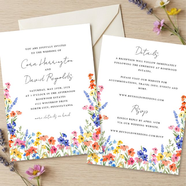 Colorful Wildflowers Two Sided Wedding Invitation (Creator Uploaded)