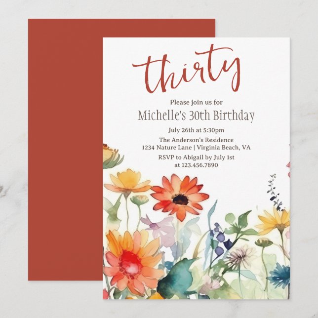 Colorful Wildflowers Vibrant Flowers 30th Birthday Invitation (Front/Back)