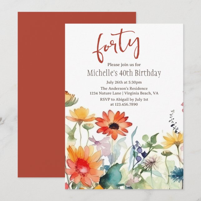 Colorful Wildflowers Vibrant Flowers 40th Birthday Invitation (Front/Back)