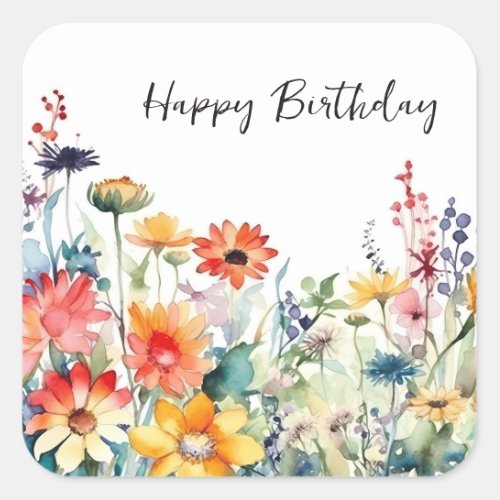 Colorful Wildflowers Vibrant Flowers Birthday Square Sticker