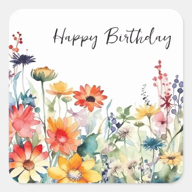 Colorful Wildflowers Vibrant Flowers Birthday Square Sticker | Zazzle