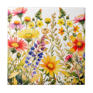 Colorful wildflowers watercolor ceramic tile