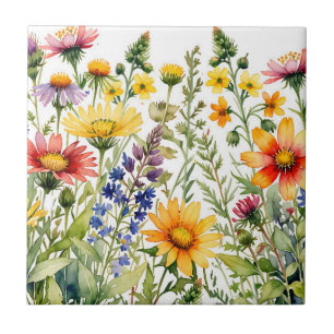 Colorful wildflowers watercolor painting ceramic tile