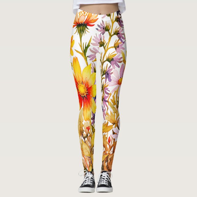 colorful wildflowers  watercolor painting leggings (Front)