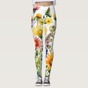 Colorful wildflowers watercolor painting leggings