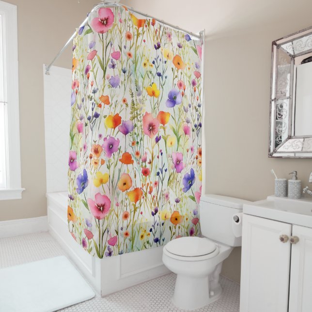Colorful wildflowers watercolor shower curtain (In Situ)