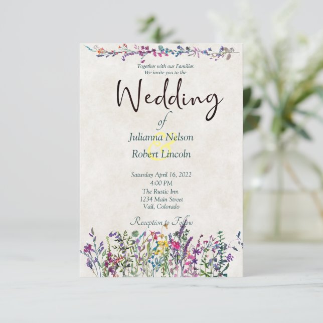 Colorful wildflowers wedding invitation (Standing Front)