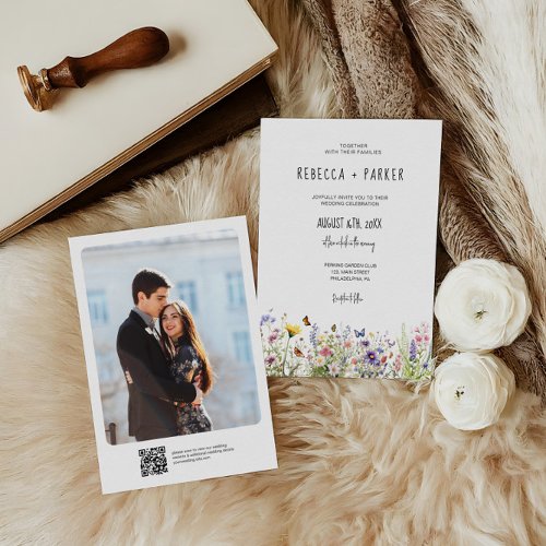 Colorful wildflowers wedding photo and Qr code Invitation